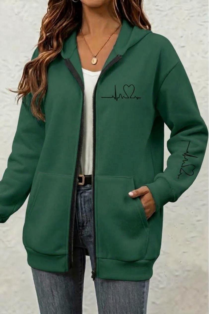 Fr Kalp Ritmi Baskılı İki İplik Fermuarlı Kapüşonlu Sweatshirt Hırka - Oversize Cepli Günlük Spor Ceket