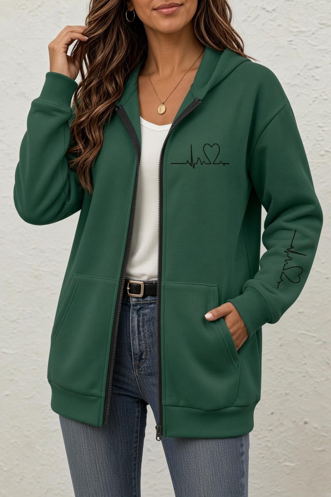 Fr Kalp Ritmi Baskılı İki İplik Fermuarlı Kapüşonlu Sweatshirt Hırka - Oversize Cepli Günlük Spor Ceket