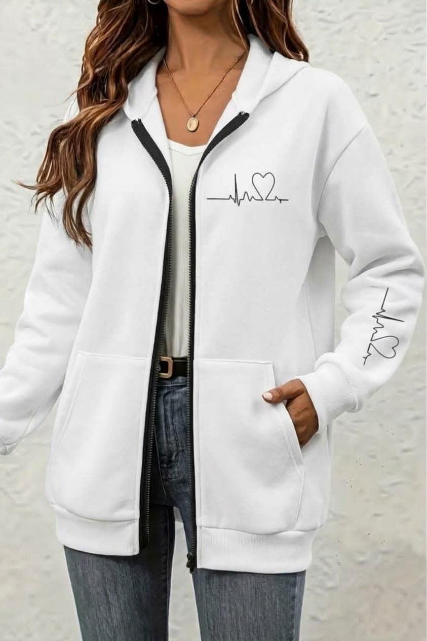 Fr Kalp Ritmi Baskılı İki İplik Fermuarlı Kapüşonlu Sweatshirt Hırka - Oversize Cepli Günlük Spor Ceket