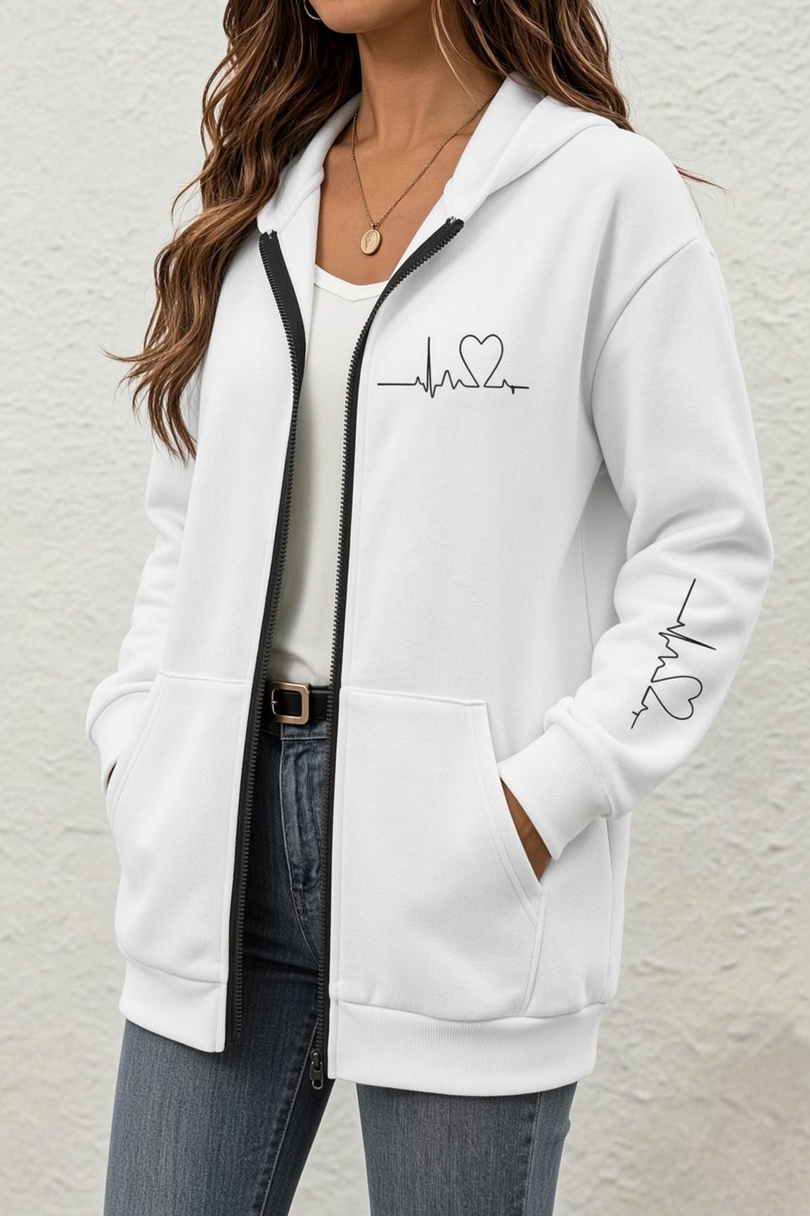 Fr Kalp Ritmi Baskılı İki İplik Fermuarlı Kapüşonlu Sweatshirt Hırka - Oversize Cepli Günlük Spor Ceket