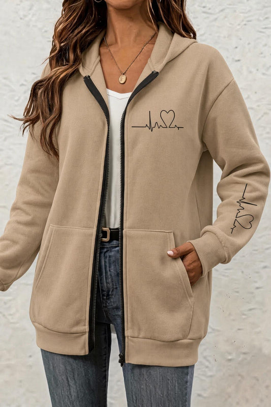 Fr Kalp Ritmi Baskılı İki İplik Fermuarlı Kapüşonlu Sweatshirt Hırka - Oversize Cepli Günlük Spor Ceket