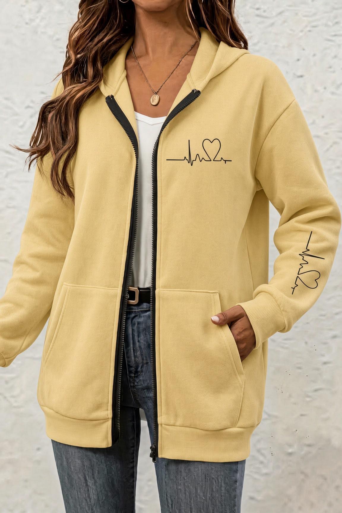 Fr Kalp Ritmi Baskılı İki İplik Fermuarlı Kapüşonlu Sweatshirt Hırka - Oversize Cepli Günlük Spor Ceket