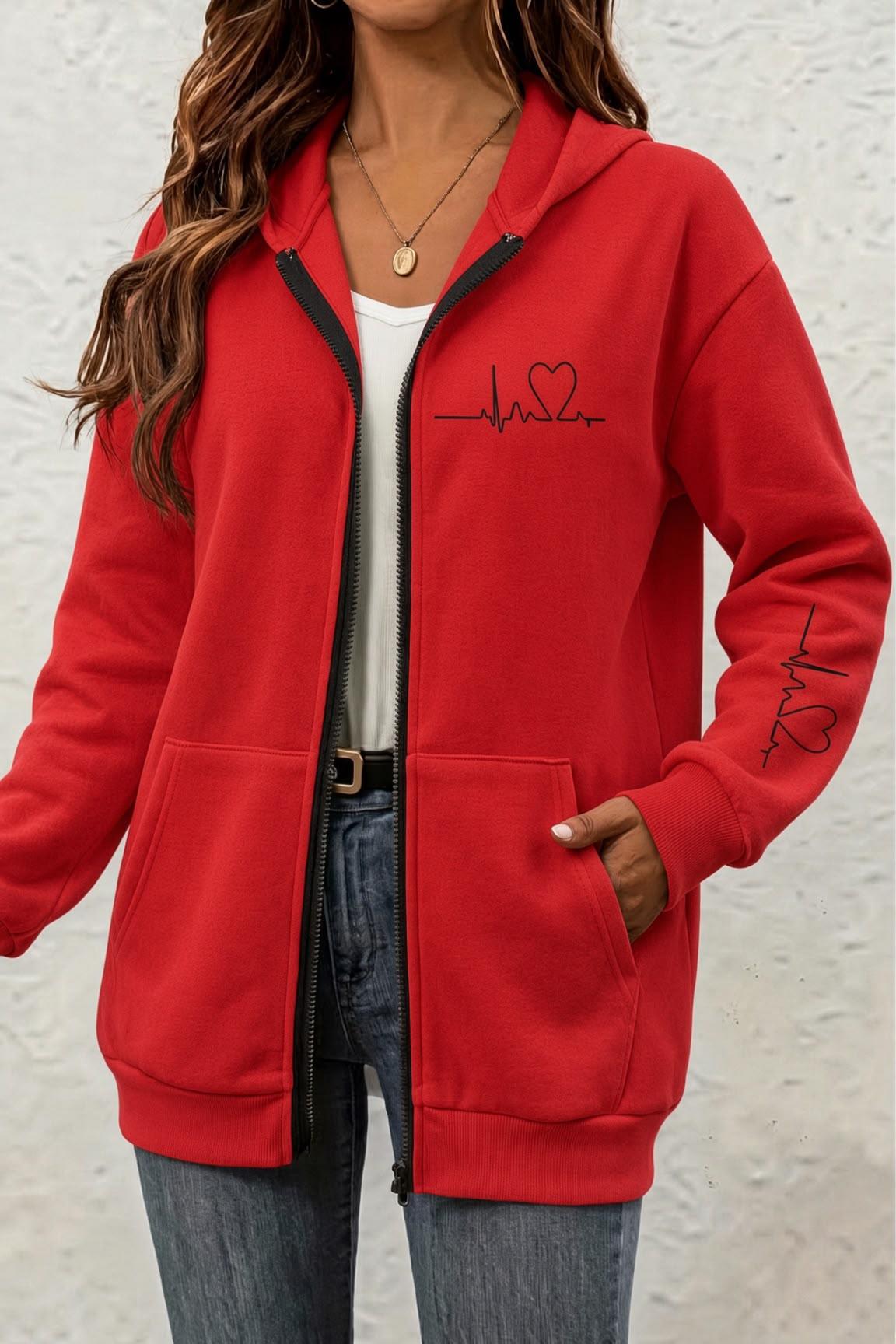 Fr Kalp Ritmi Baskılı İki İplik Fermuarlı Kapüşonlu Sweatshirt Hırka - Oversize Cepli Günlük Spor Ceket