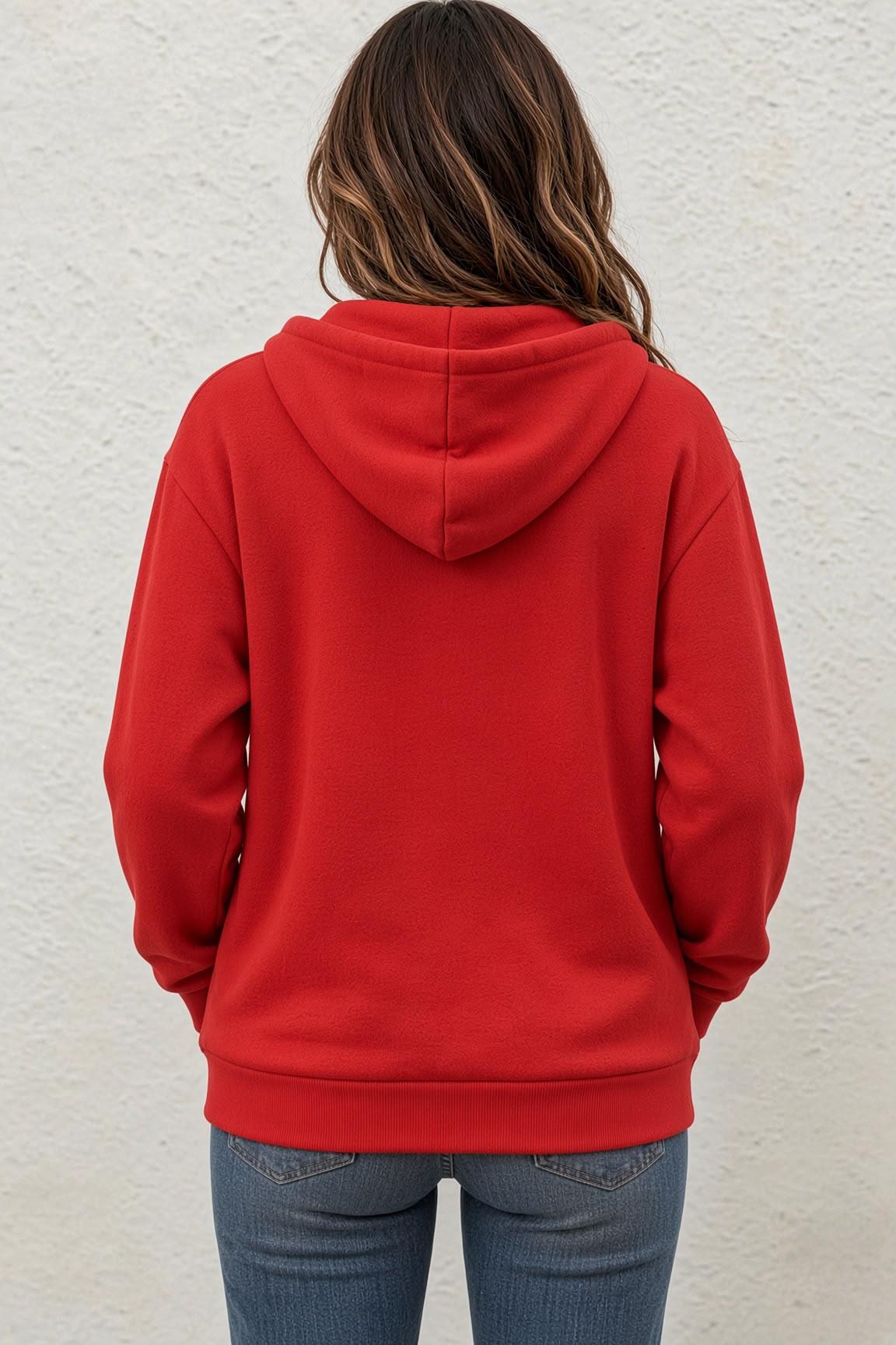 Fr Kalp Ritmi Baskılı İki İplik Fermuarlı Kapüşonlu Sweatshirt Hırka - Oversize Cepli Günlük Spor Ceket