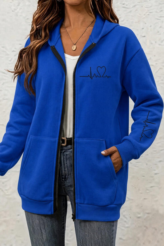 Fr Kalp Ritmi Baskılı İki İplik Fermuarlı Kapüşonlu Sweatshirt Hırka - Oversize Cepli Günlük Spor Ceket