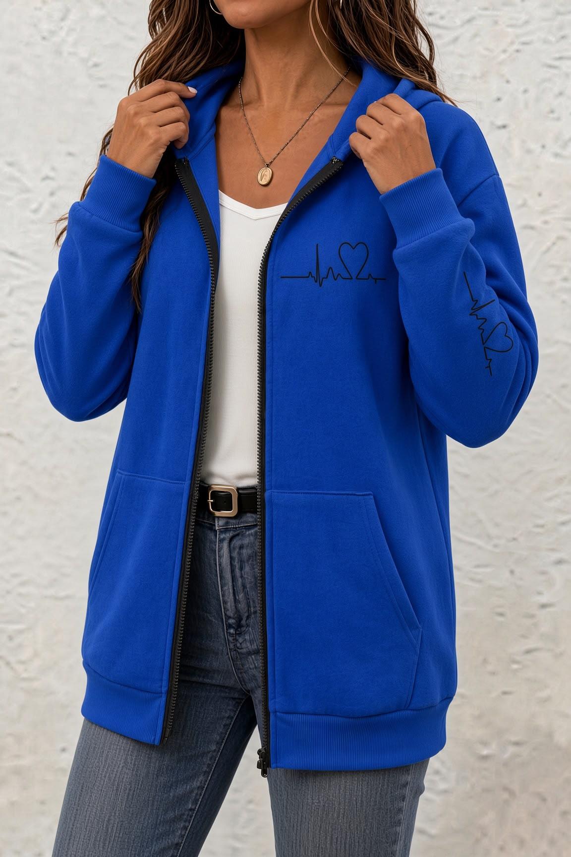 Fr Kalp Ritmi Baskılı İki İplik Fermuarlı Kapüşonlu Sweatshirt Hırka - Oversize Cepli Günlük Spor Ceket