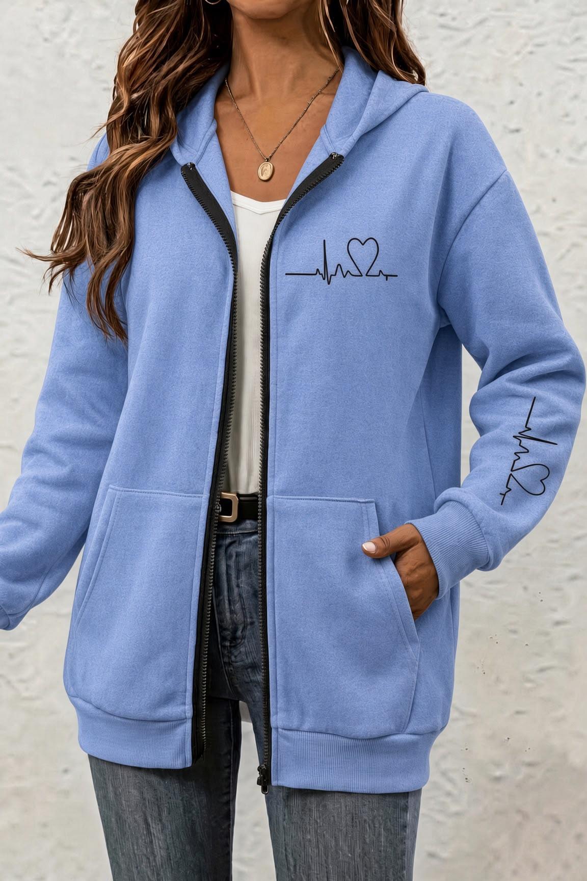 Fr Kalp Ritmi Baskılı İki İplik Fermuarlı Kapüşonlu Sweatshirt Hırka - Oversize Cepli Günlük Spor Ceket
