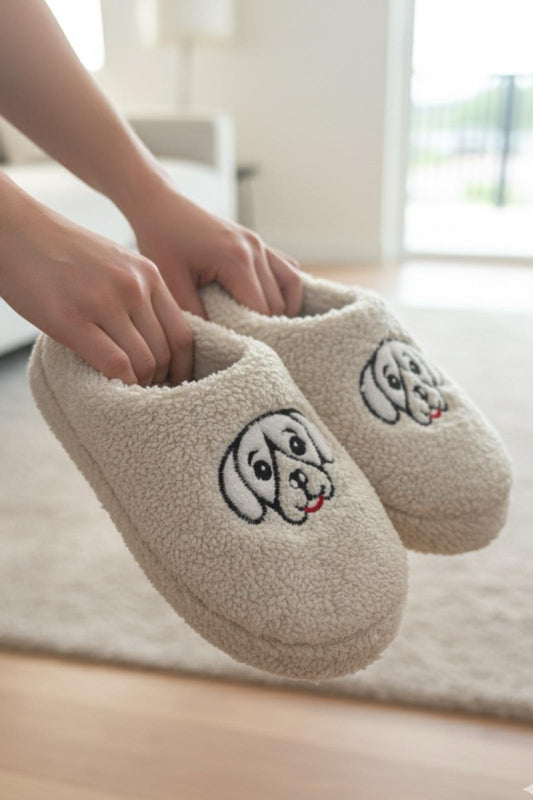 Ft 102 Köpek Nakışlı Kadın Ev Terliği Peluş Terlik Çeyiz ve Bohça Terliği Ses Yapmaz Kalın Taban