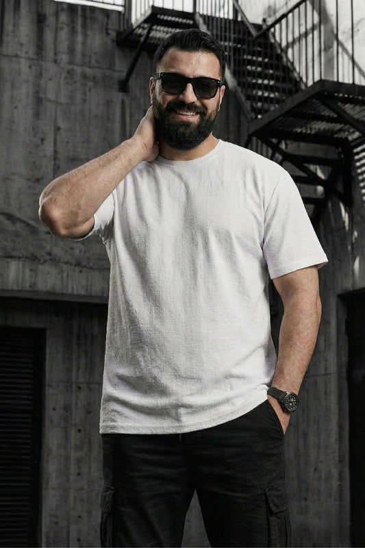 Kabuk Desen Likralı Erkek Büyük Beden Gofre (Kabartma) Dokulu T-Shirt