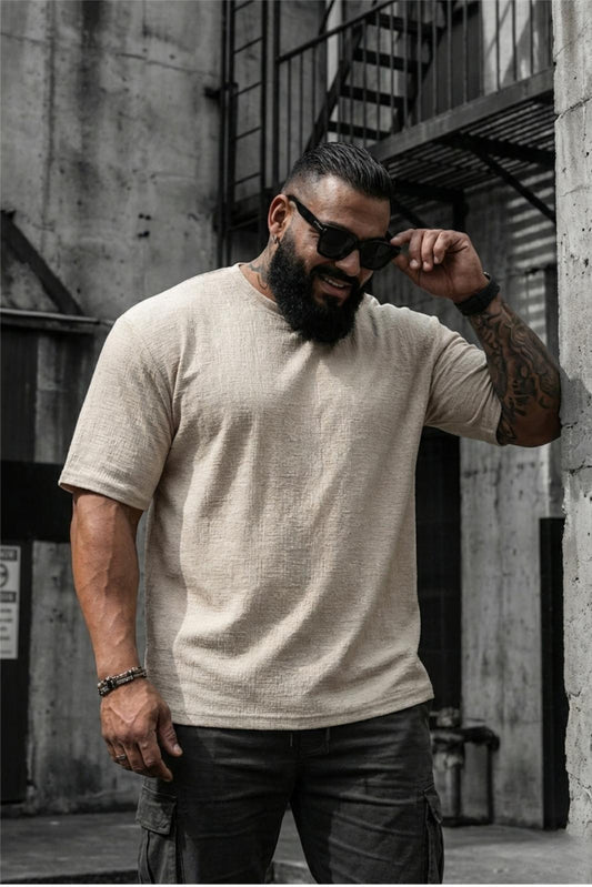 Kabuk Desen Likralı Erkek Büyük Beden Gofre (Kabartma) Dokulu T-Shirt