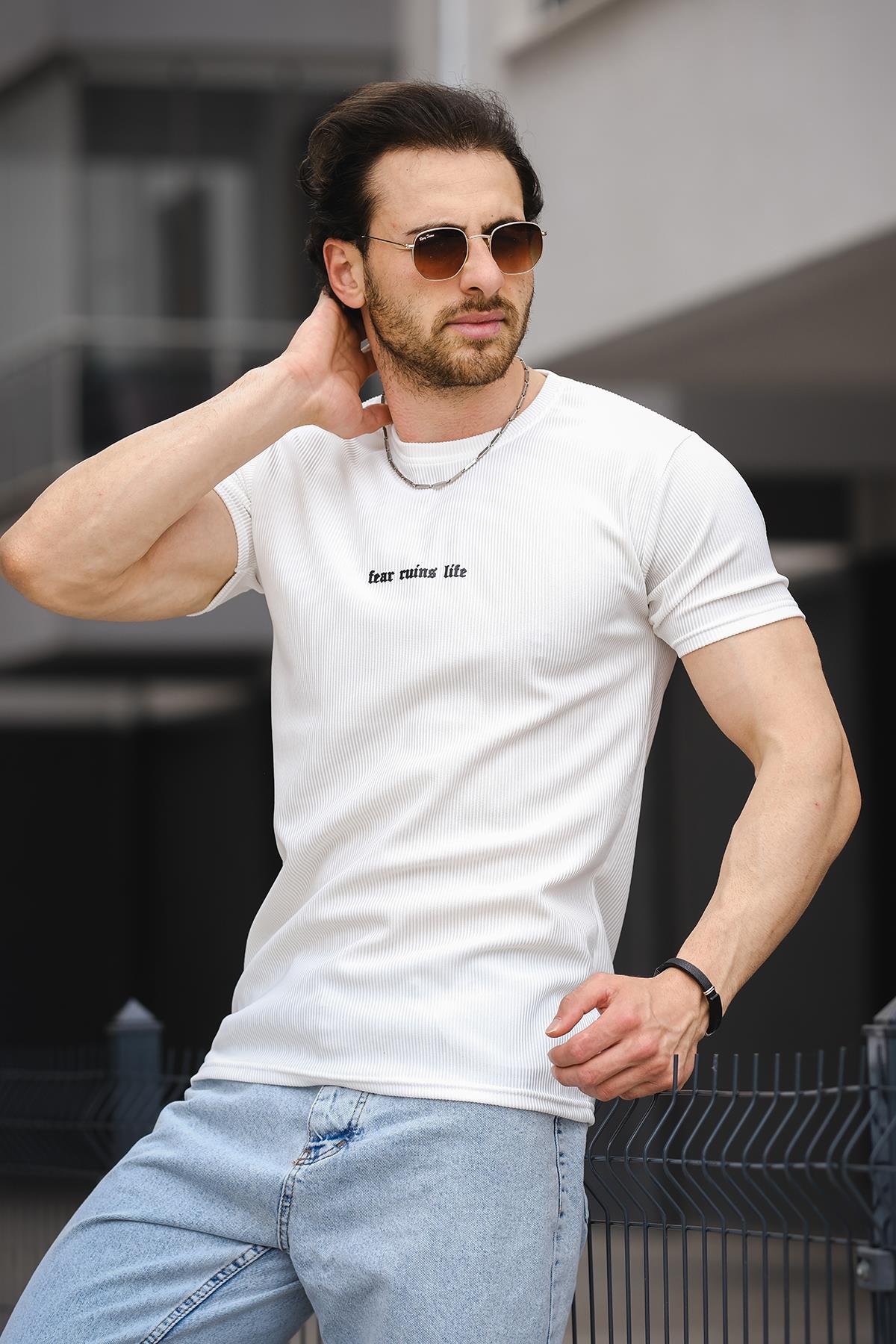 Ft Fear Baskılı Bisiklet Yaka Likralı Slim Fit Erkek Tshirt