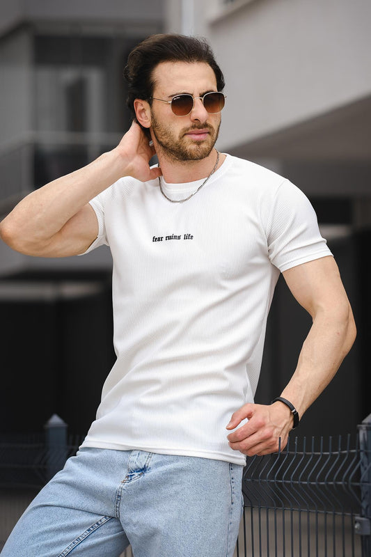 Ft Fear Baskılı Bisiklet Yaka Likralı Slim Fit Erkek Tshirt