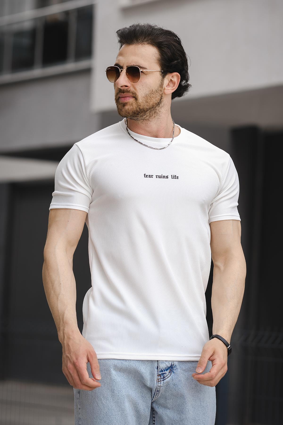 Ft Fear Baskılı Bisiklet Yaka Likralı Slim Fit Erkek Tshirt