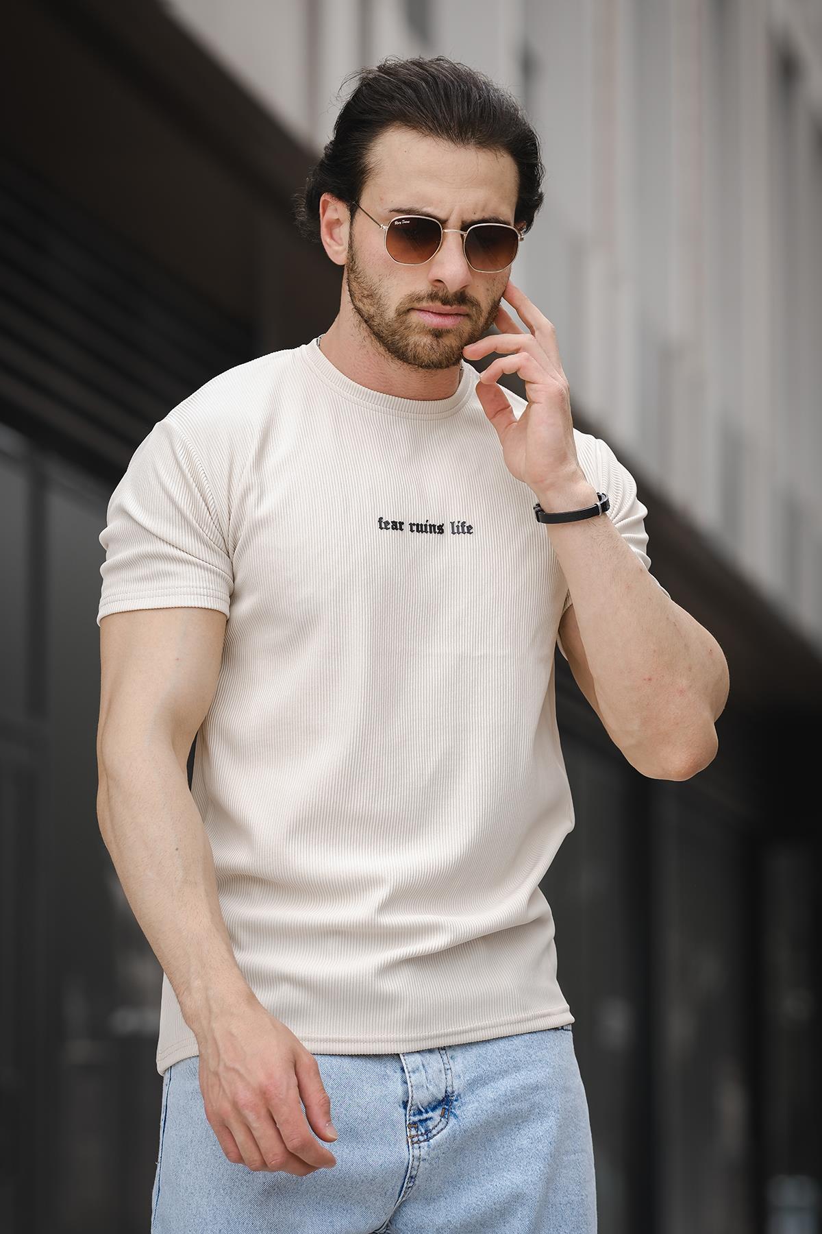 Ft Fear Baskılı Bisiklet Yaka Likralı Slim Fit Erkek Tshirt