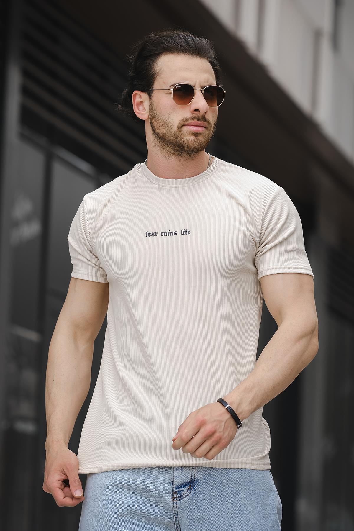 Ft Fear Baskılı Bisiklet Yaka Likralı Slim Fit Erkek Tshirt