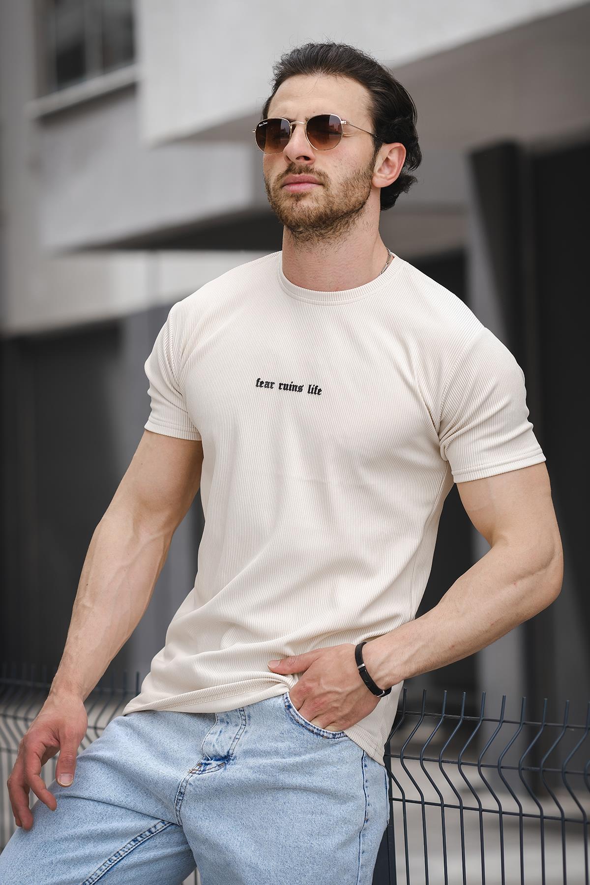 Ft Fear Baskılı Bisiklet Yaka Likralı Slim Fit Erkek Tshirt