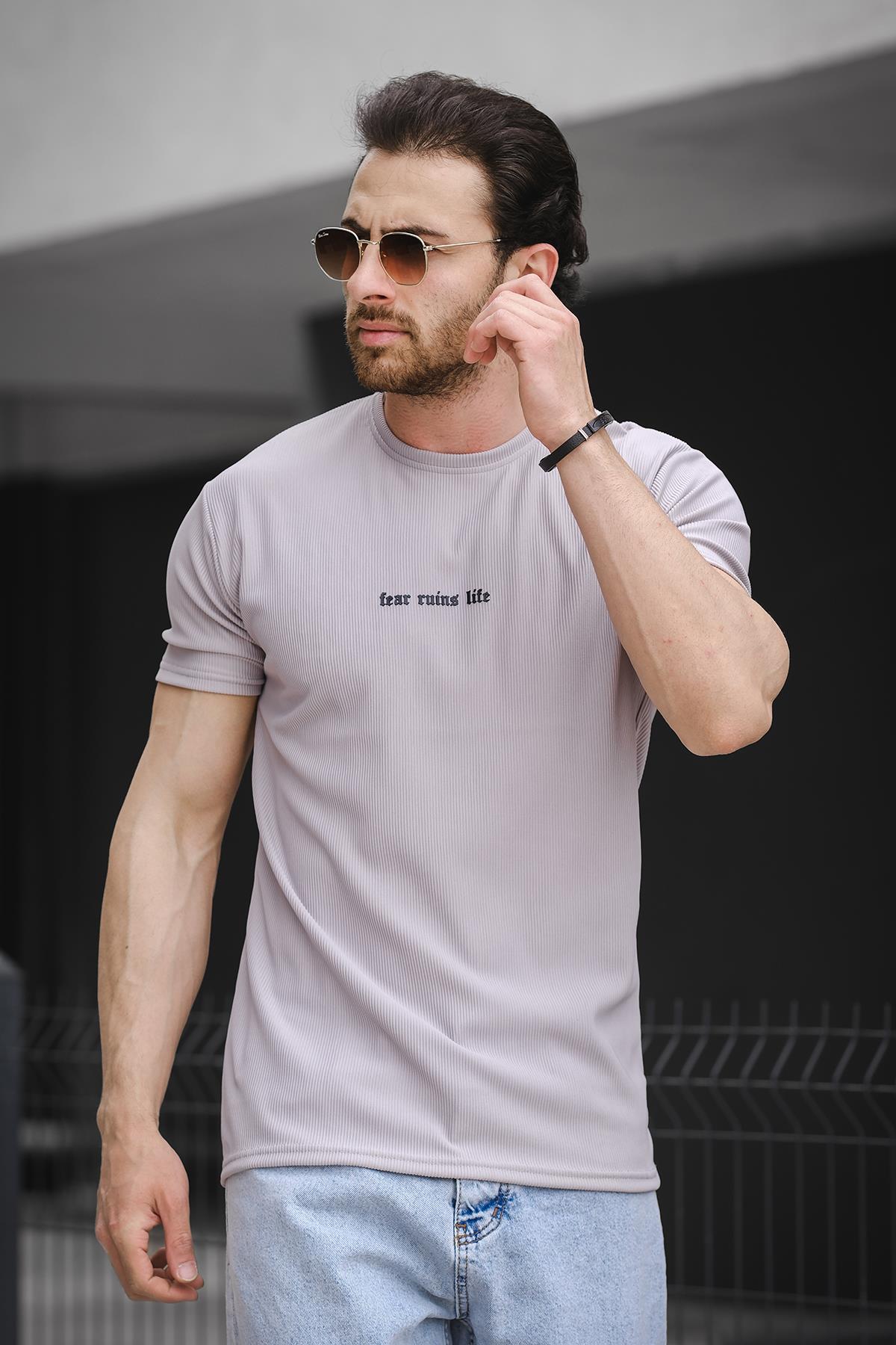 Ft Fear Baskılı Bisiklet Yaka Likralı Slim Fit Erkek Tshirt