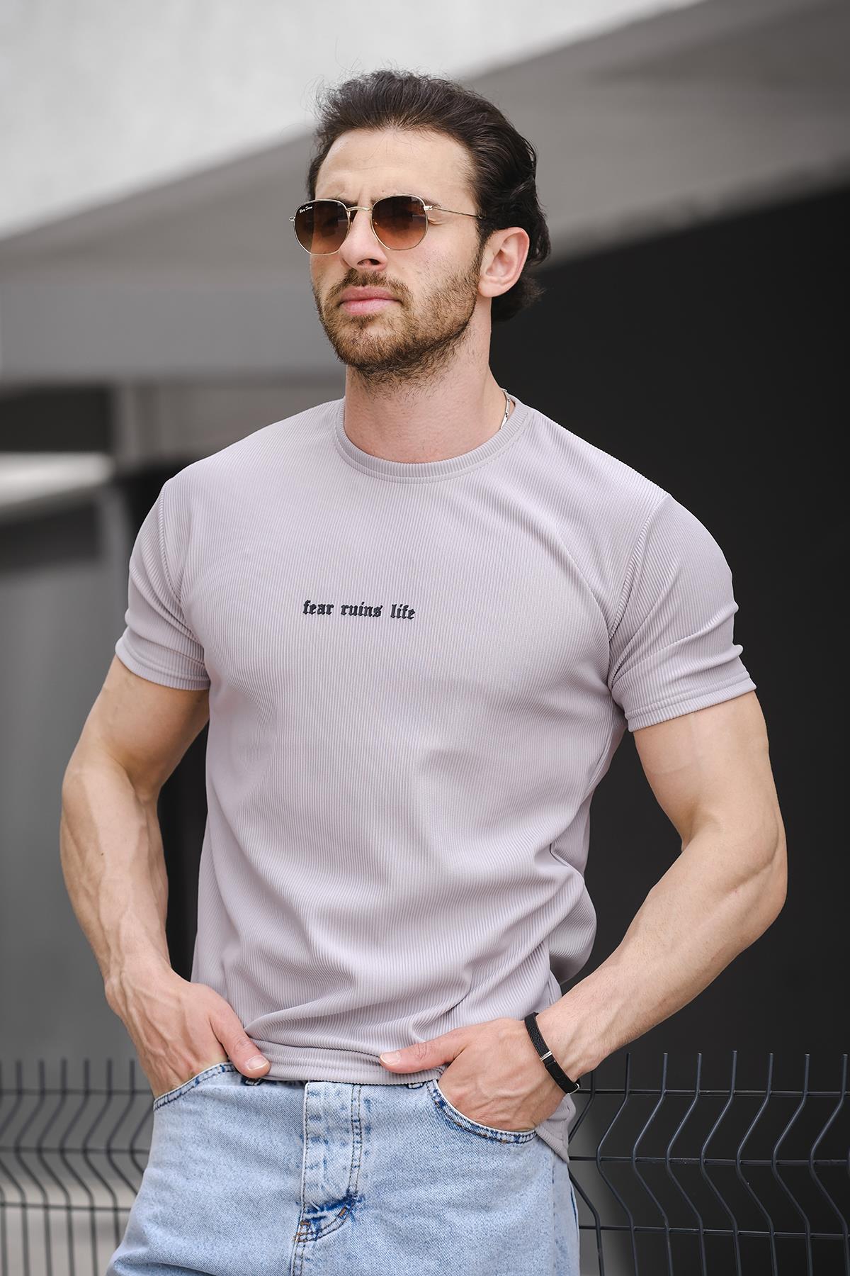 Ft Fear Baskılı Bisiklet Yaka Likralı Slim Fit Erkek Tshirt