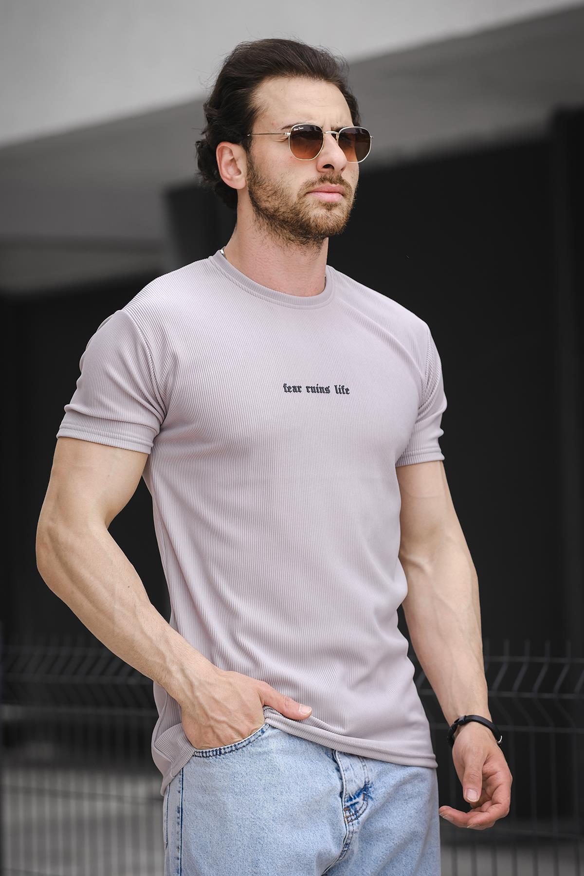 Ft Fear Baskılı Bisiklet Yaka Likralı Slim Fit Erkek Tshirt