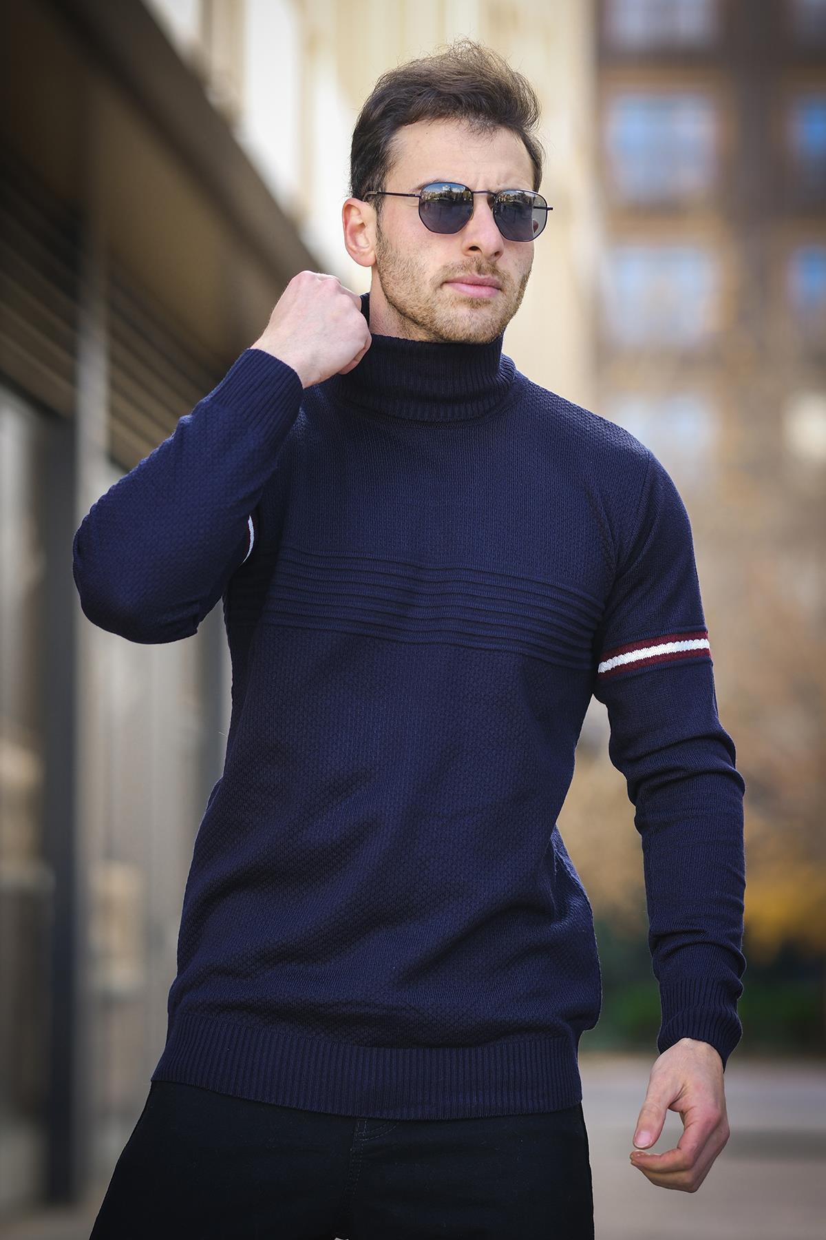 Giul Pamuk Slim Fit Şeritli Erkek Tam Balıkçı Boğazlı Kazak