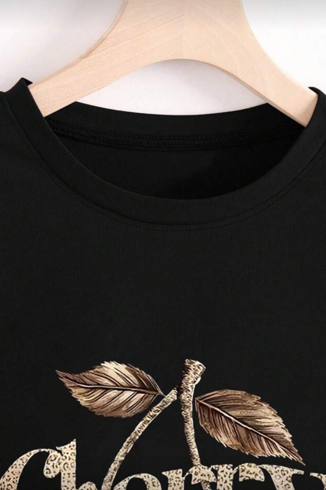 Gold Cherry Kadın Oversize Ön Baskılı Bisiklet Yaka Pamuklu T-Shirt Rahat Kesim