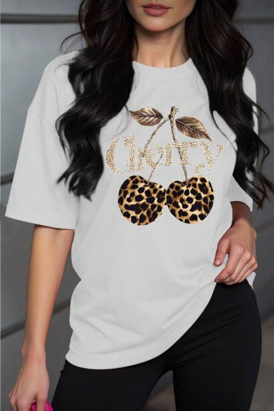 Gold Cherry Kadın Oversize Ön Baskılı Bisiklet Yaka Pamuklu T-Shirt Rahat Kesim