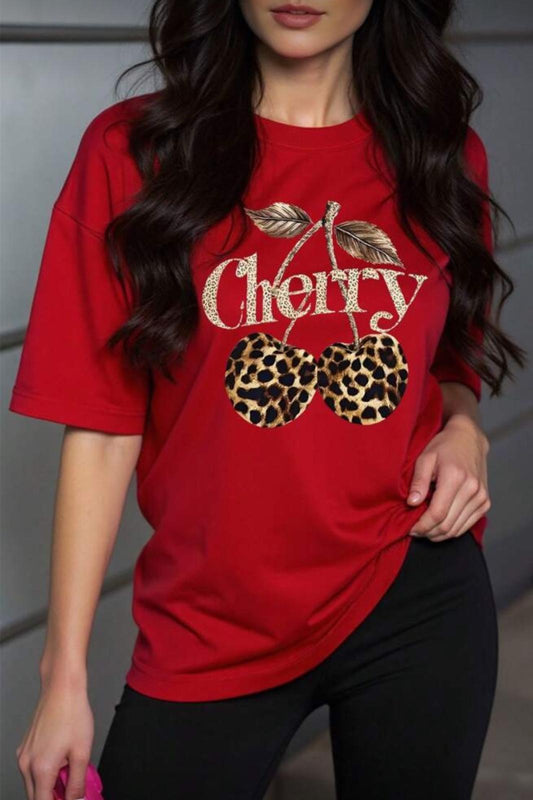 Gold Cherry Kadın Oversize Ön Baskılı Bisiklet Yaka Pamuklu T-Shirt Rahat Kesim