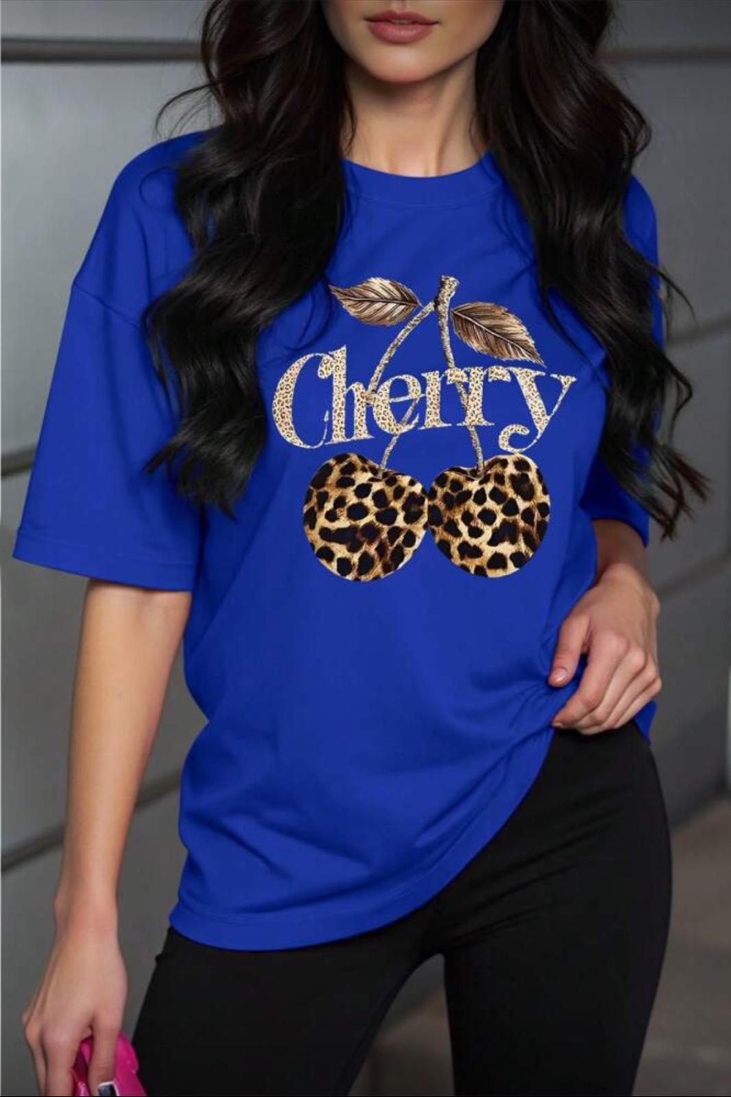 Gold Cherry Kadın Oversize Ön Baskılı Bisiklet Yaka Pamuklu T-Shirt Rahat Kesim