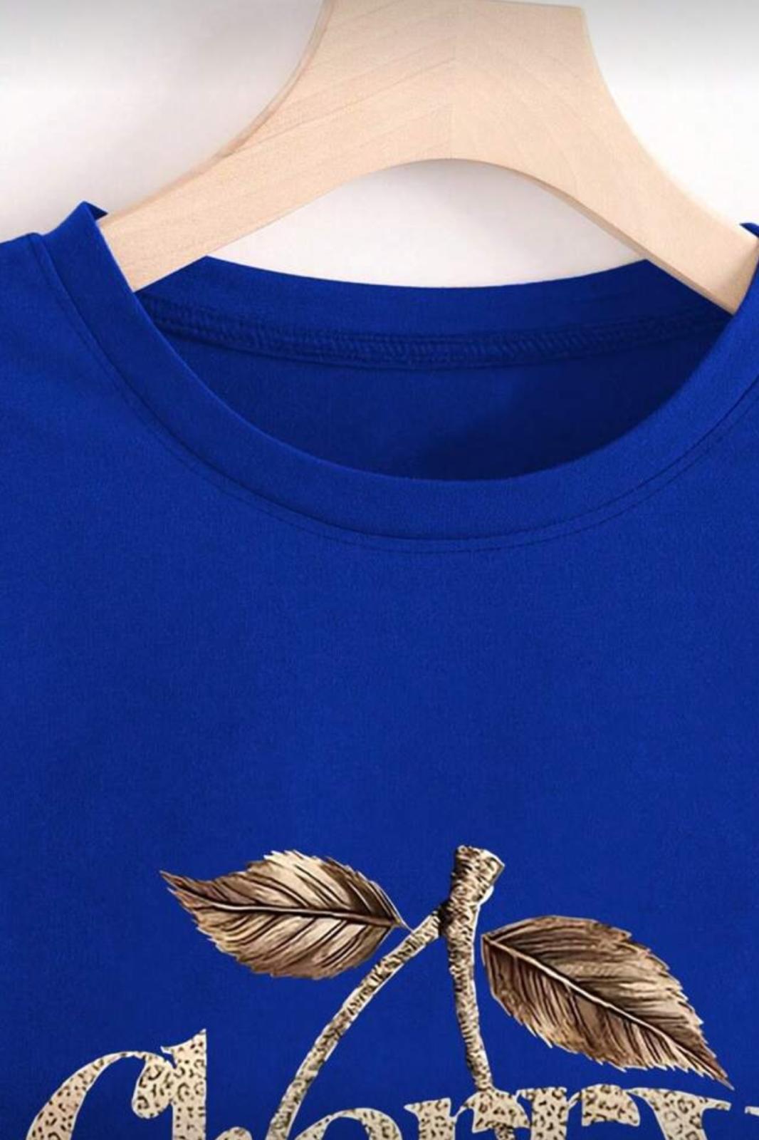 Gold Cherry Kadın Oversize Ön Baskılı Bisiklet Yaka Pamuklu T-Shirt Rahat Kesim