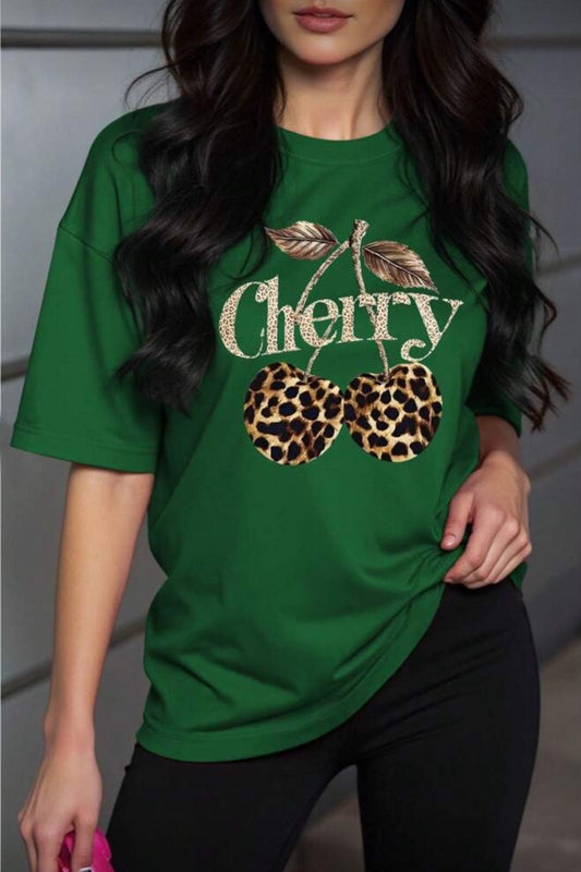 Gold Cherry Kadın Oversize Ön Baskılı Bisiklet Yaka Pamuklu T-Shirt Rahat Kesim