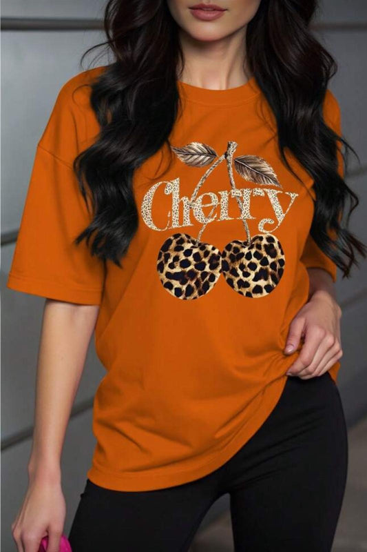 Gold Cherry Kadın Oversize Ön Baskılı Bisiklet Yaka Pamuklu T-Shirt Rahat Kesim