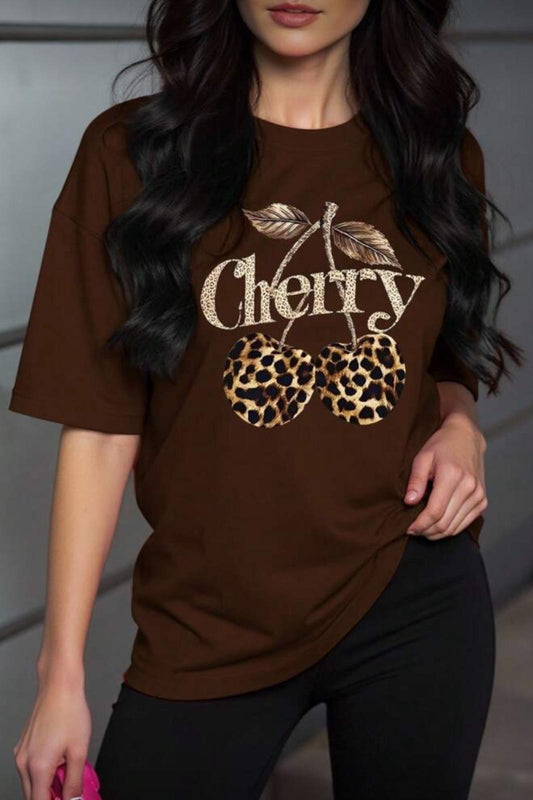Gold Cherry Kadın Oversize Ön Baskılı Bisiklet Yaka Pamuklu T-Shirt Rahat Kesim