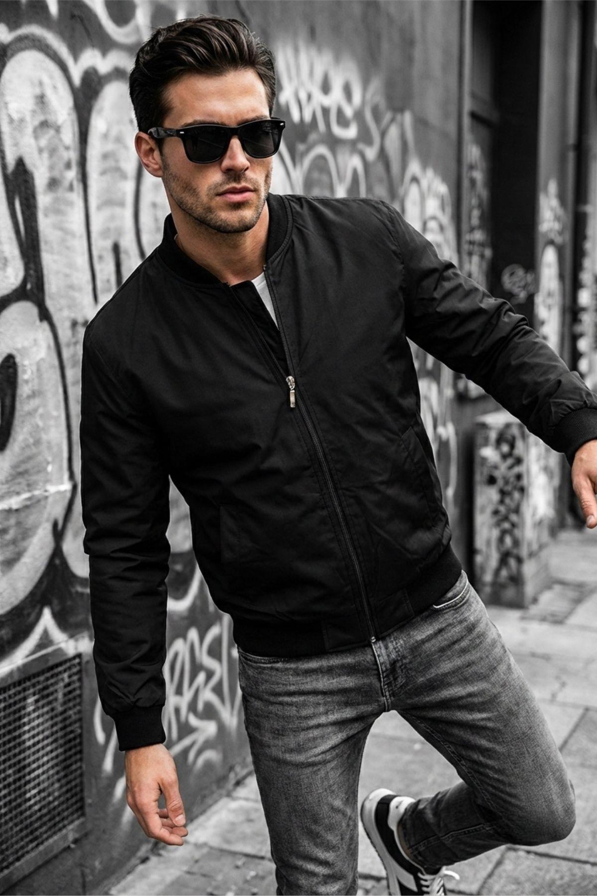 Guezy Astarlı Kolej Yaka Slim Fit Mevsimlik Erkek Bomber Ceket Mont - Su İtici Kumaş