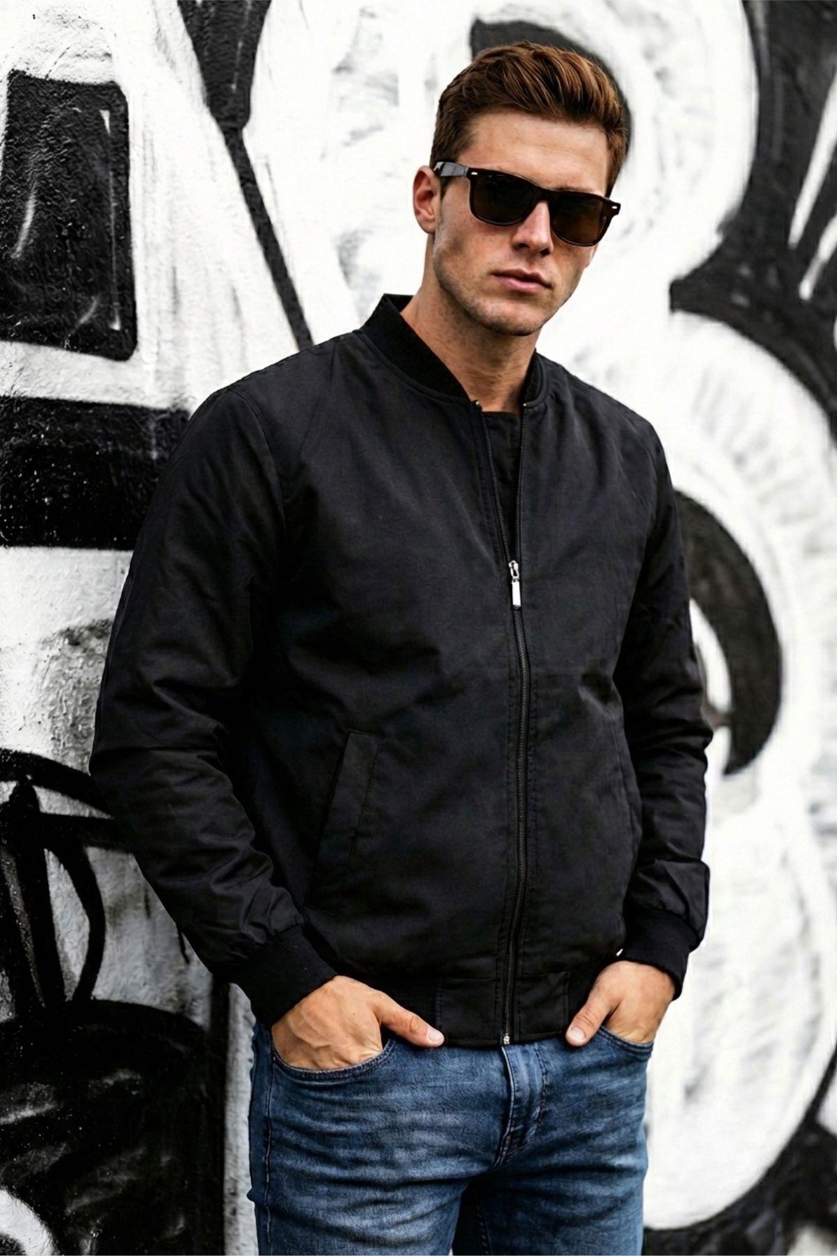 Guezy Astarlı Kolej Yaka Slim Fit Mevsimlik Erkek Bomber Ceket Mont - Su İtici Kumaş