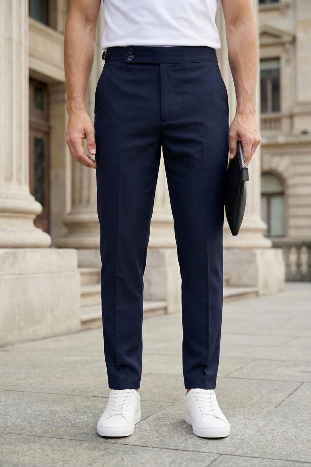 Gurkha Stil Yan Ayarlı Metal Tokalı Slim Fit Erkek Kumaş Pantolon Özel Kesim Kruvaze Bel
