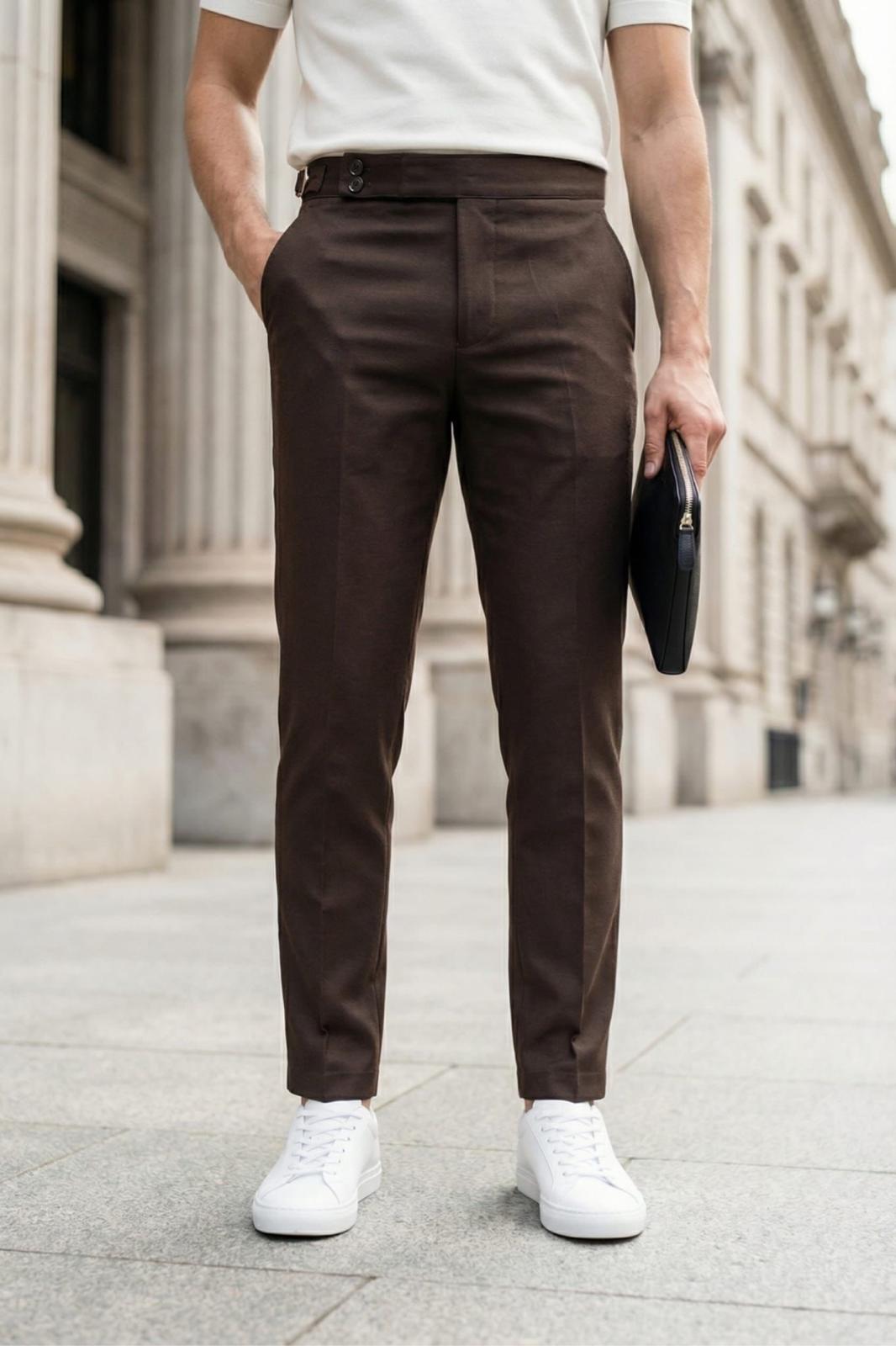 Gurkha Stil Yan Ayarlı Metal Tokalı Slim Fit Erkek Kumaş Pantolon Özel Kesim Kruvaze Bel