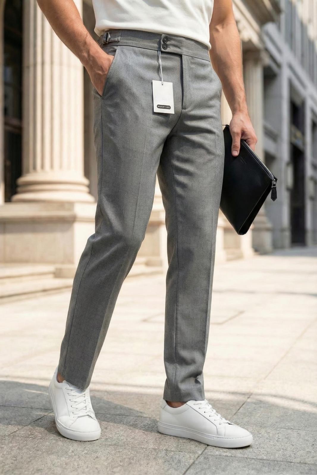 Gurkha Stil Yan Ayarlı Metal Tokalı Slim Fit Erkek Kumaş Pantolon Özel Kesim Kruvaze Bel
