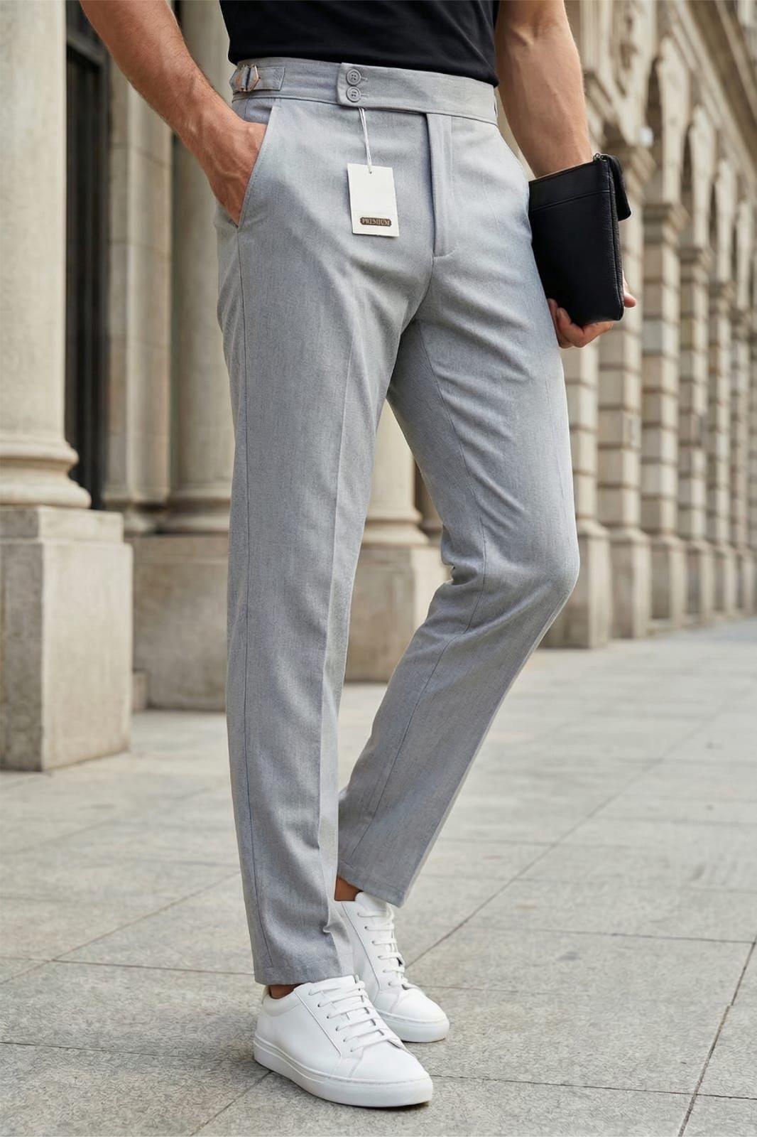 Gurkha Stil Yan Ayarlı Metal Tokalı Slim Fit Erkek Kumaş Pantolon Özel Kesim Kruvaze Bel