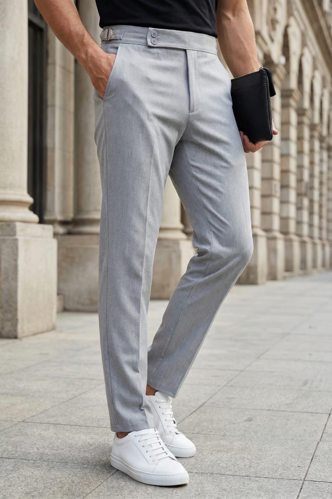 Gurkha Stil Yan Ayarlı Metal Tokalı Slim Fit Erkek Kumaş Pantolon Özel Kesim Kruvaze Bel
