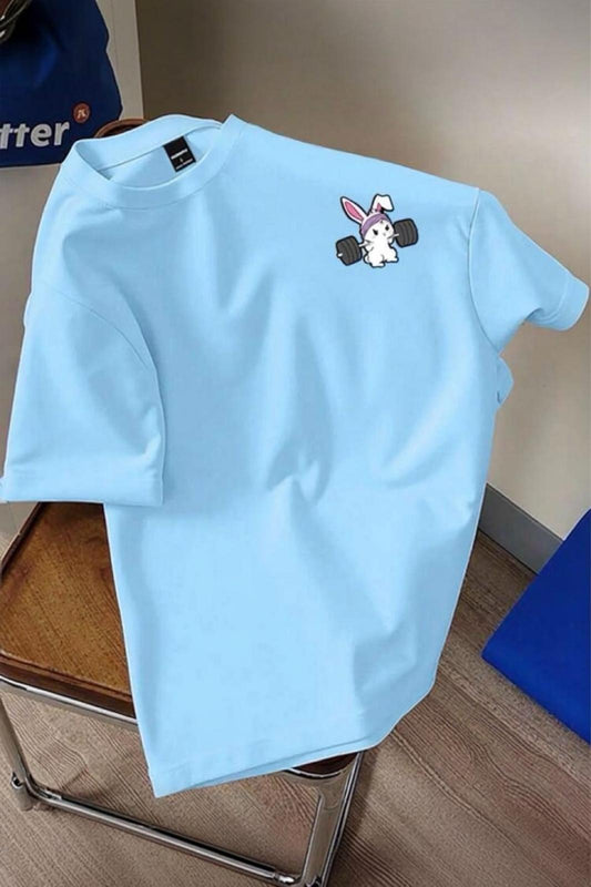 Gym Bunny - Halter Kaldıran Tavşan Baskılı Unisex Oversize Pamuklu Tişört