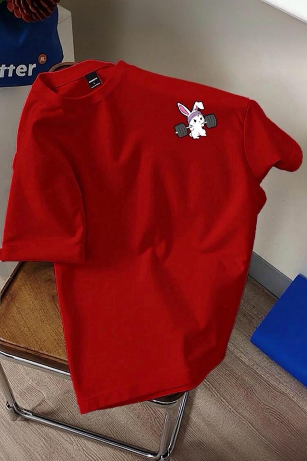 Gym Bunny - Halter Kaldıran Tavşan Baskılı Unisex Oversize Pamuklu Tişört