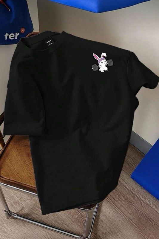 Gym Bunny - Halter Kaldıran Tavşan Baskılı Unisex Oversize Pamuklu Tişört