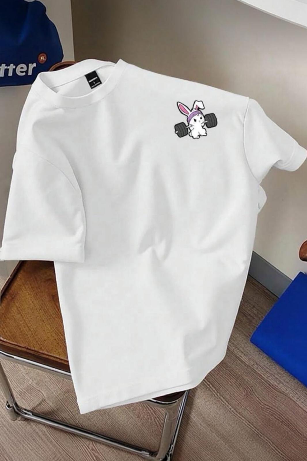 Gym Bunny - Halter Kaldıran Tavşan Baskılı Unisex Oversize Pamuklu Tişört
