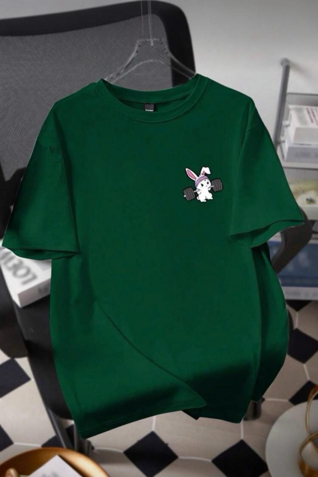 Gym Bunny - Halter Kaldıran Tavşan Baskılı Unisex Oversize Pamuklu Tişört