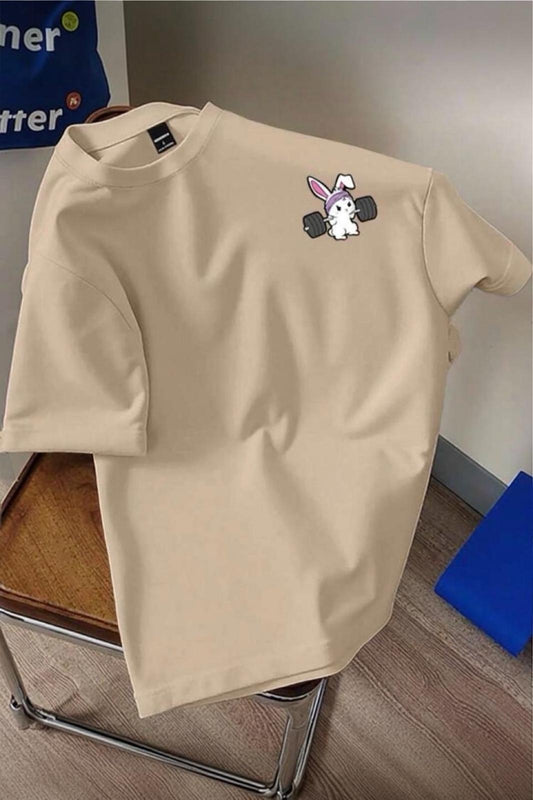 Gym Bunny - Halter Kaldıran Tavşan Baskılı Unisex Oversize Pamuklu Tişört