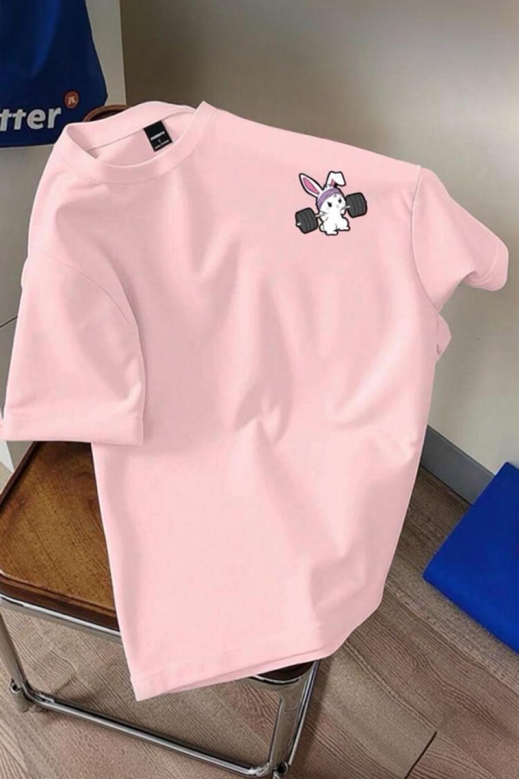 Gym Bunny - Halter Kaldıran Tavşan Baskılı Unisex Oversize Pamuklu Tişört