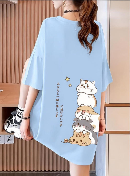 Harajuku Japon Yazılı Kedi Tasarımlı Unisex Oversize T-Shirt