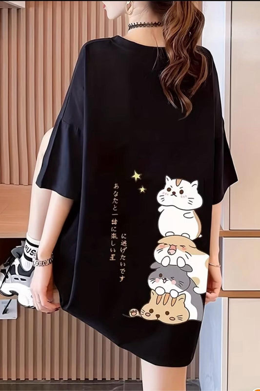 Harajuku Japon Yazılı Kedi Tasarımlı Unisex Oversize T-Shirt