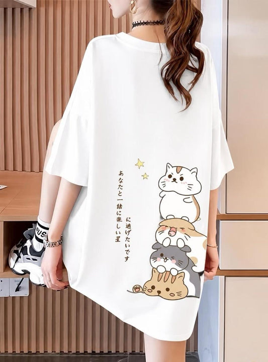 Harajuku Japon Yazılı Kedi Tasarımlı Unisex Oversize T-Shirt