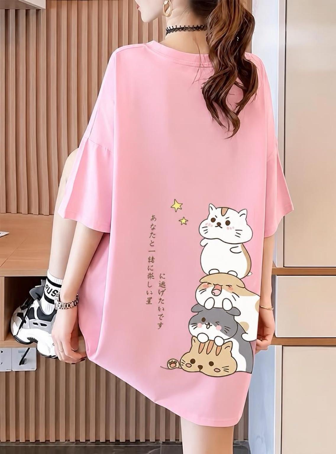 Harajuku Japon Yazılı Kedi Tasarımlı Unisex Oversize T-Shirt